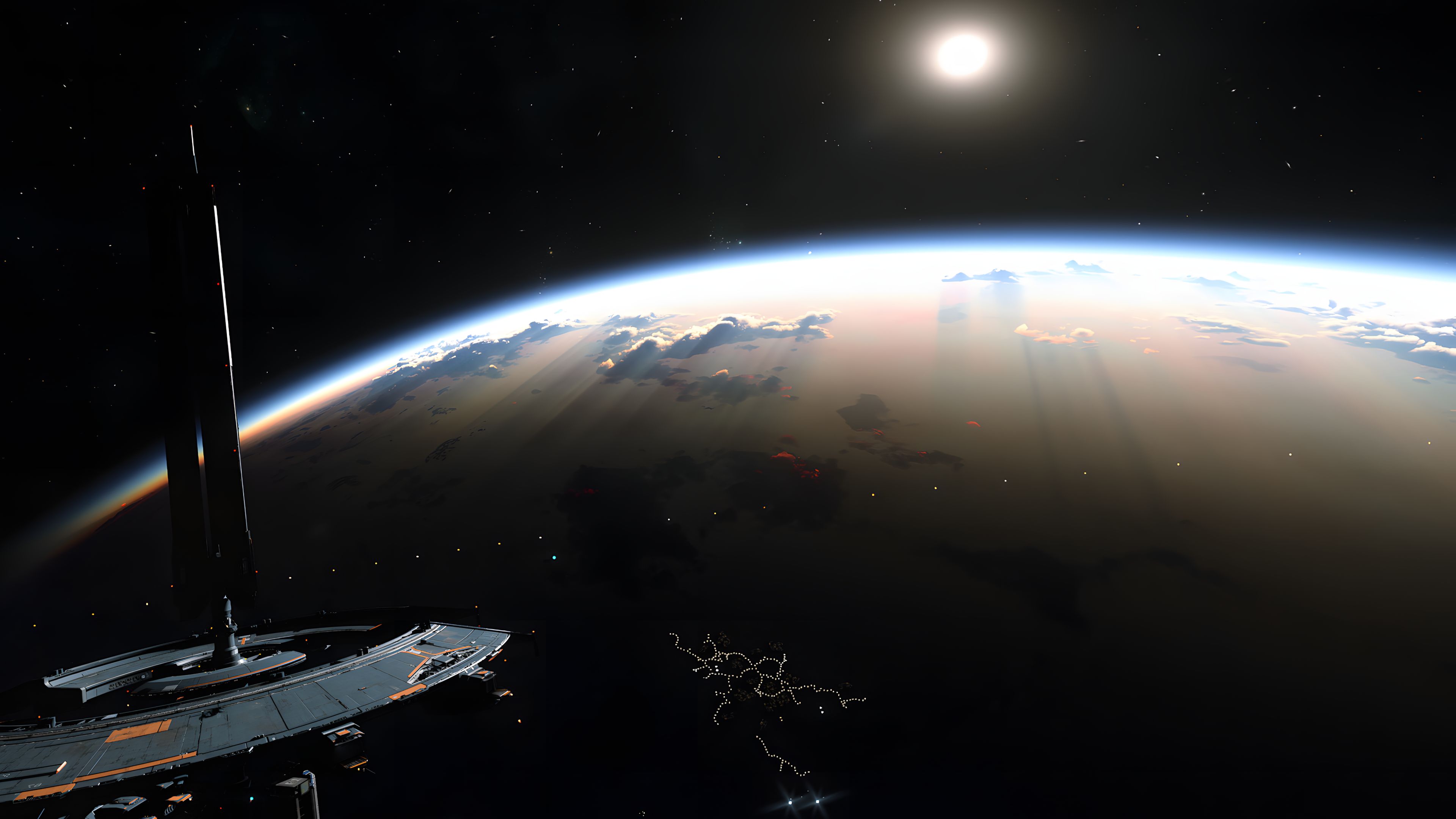Lever de Soleil sur microTech depuis l’orbite, station Port Tressler au premier plan, corporation Star Citizen francophone Codiga.