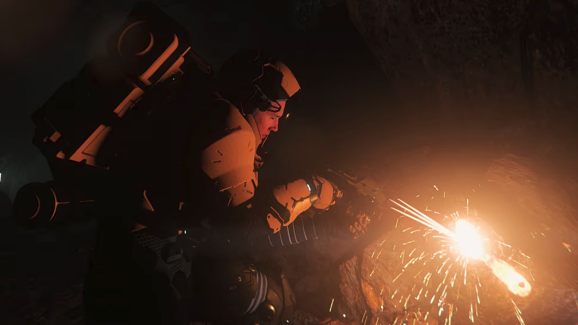 Mineur de l’Industrie de Codiga pratiquant le minage à la main dans une grotte, organisation Star Citizen.